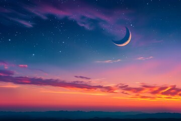 Serene Twilight: A Crescent Moon Illuminates a Colorful Sky