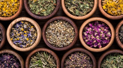 A row of wooden bowls filled with various herbs and spices