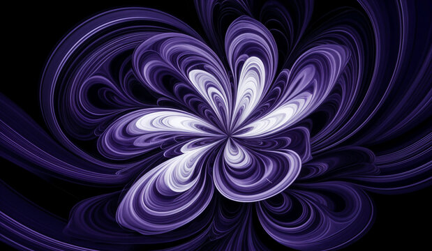 Abstract swirling purple and white flower on black