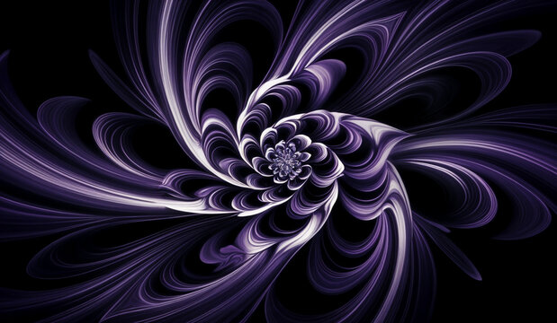Abstract swirling purple and white flower on black