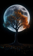 A colorful holographic tree with moon on a black background with bokeh sparkles.