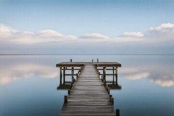 Naklejka premium A calm sea with a wooden pier extending into the water with reflections of the sky on the surface, Ai Generated