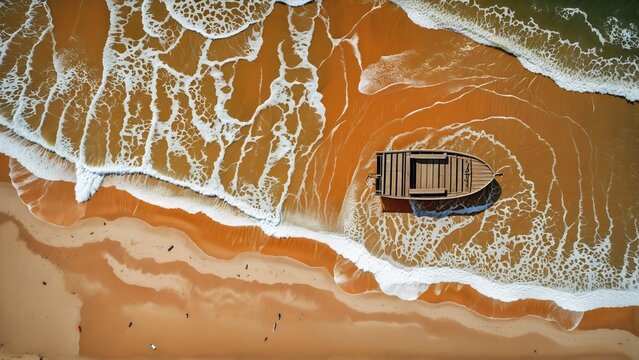 Paisaje de playa vista a&eacute;rea, con balsa y oleaje. 
