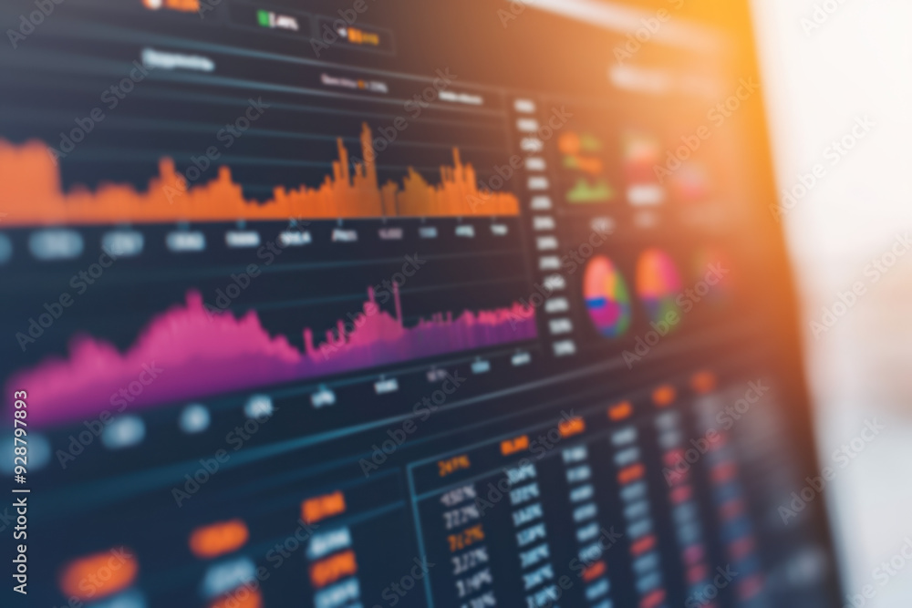 Poster close-up of digital financial chart and data analysis on a computer screen, showcasing stock market 