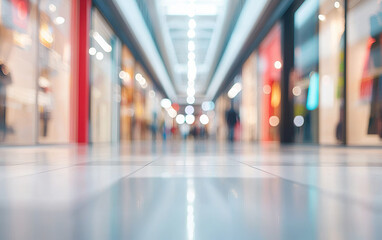 Fototapeta premium Blurred perspective of a modern shopping mall hallway with vibrant storefronts and soft lighting, showcasing a contemporary retail environment.