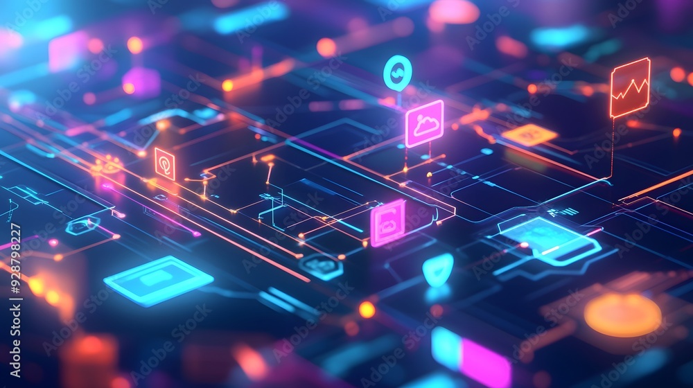 Poster abstract digital network with glowing icons and lines