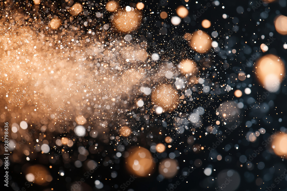 Poster abstract image of golden and white bokeh lights on a dark background, creating a festive and magical