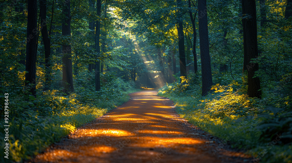 Poster sunlight filtering through trees onto a peaceful forest path, creating a tranquil and serene atmosph