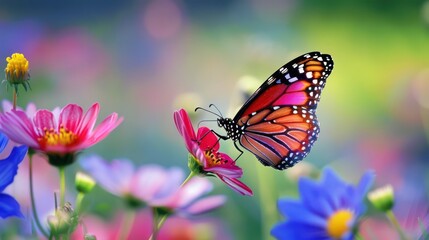 Closeup butterfly sucking nectar from beautiful color flowers