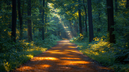 Obraz premium Sunlight filtering through trees onto a peaceful forest path, creating a tranquil and serene atmosphere perfect for nature lovers and outdoor enthusiasts.