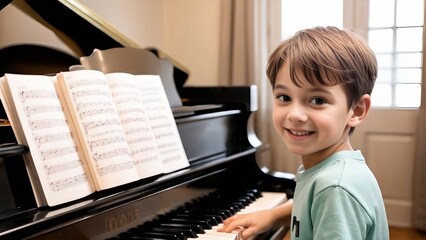 Niño tocando el piano  sonriente