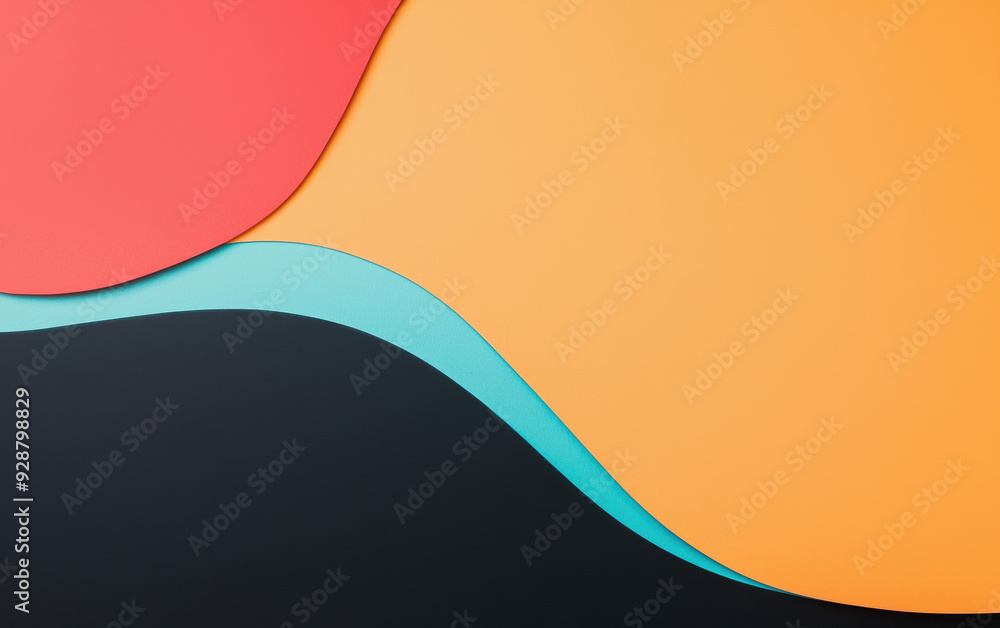 Poster abstract colorful paper art with overlapping shapes in red, orange, blue, and black hues, creating a