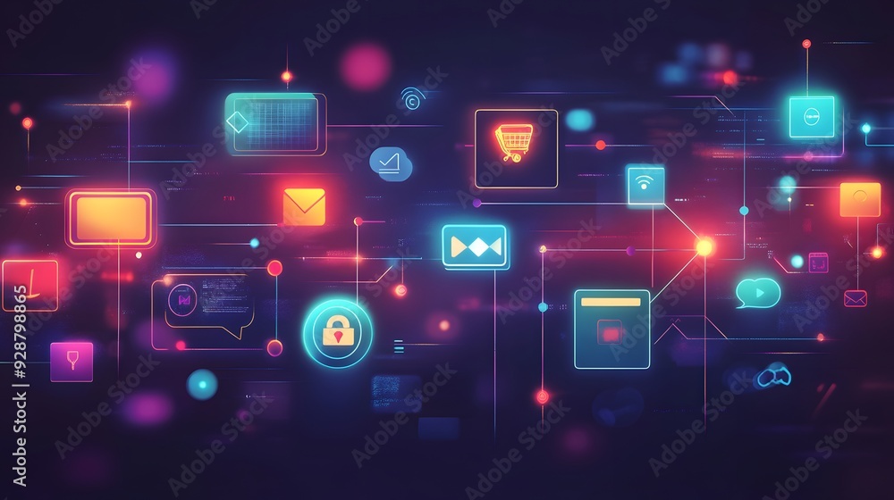 Poster abstract digital network with colorful icons and lines