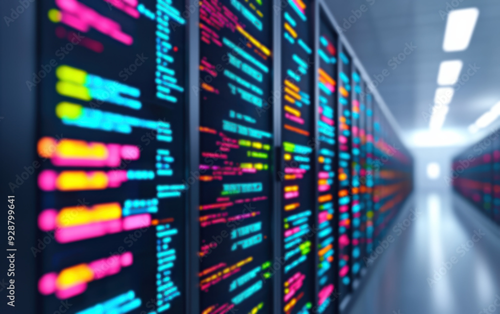 Aufkleber blurred image of a server room with illuminated code on servers, symbolizing modern technology, data