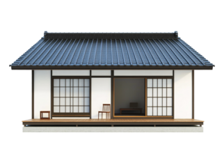 a white house with a black roof