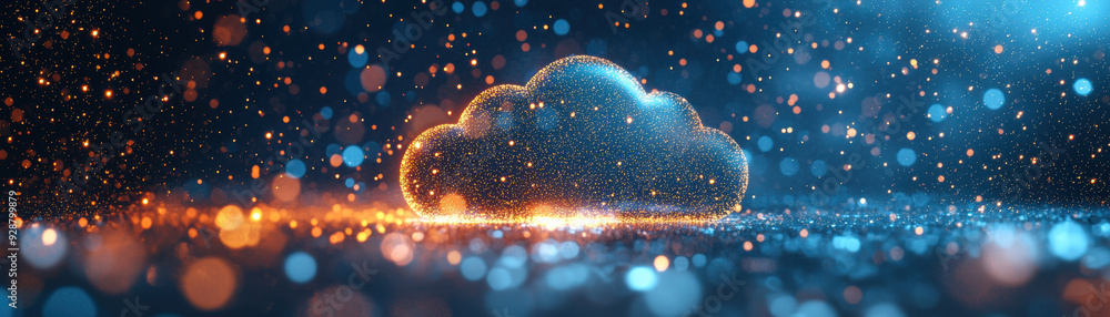 Poster abstract digital cloud illuminated with sparkling lights, symbolizing virtual data storage, networki