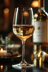 Vin blanc, verre &agrave; vin mis en sc&egrave;ne sur arri&egrave;re plan flou, ia g&eacute;n&eacute;rative