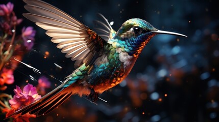Obraz premium Vibrant Hummingbird in flight with a dark background, Shiny iridescent feathers of the beautiful bird.
