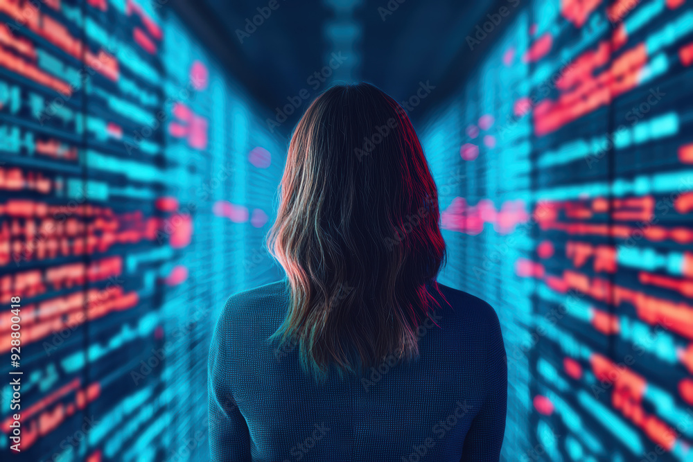 Poster back view of a woman standing in a server room with glowing data streams, representing technology, c