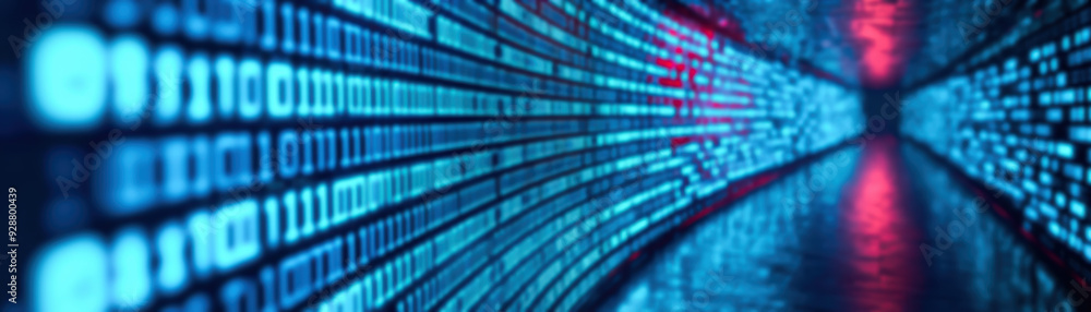 Poster abstract blue and red digital code on a screen representing data flow in a futuristic hallway, with 