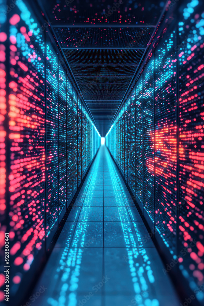 Poster futuristic data center corridor with glowing server racks, representing advanced technology, digital