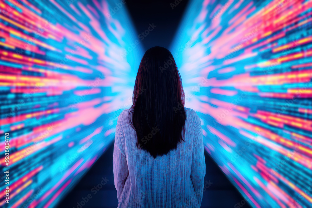 Poster person standing in front of vibrant digital streams, conveying technology and future innovation; fut