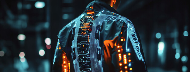 Person wearing smart clothing with embedded technology in a futuristic urban setting at night