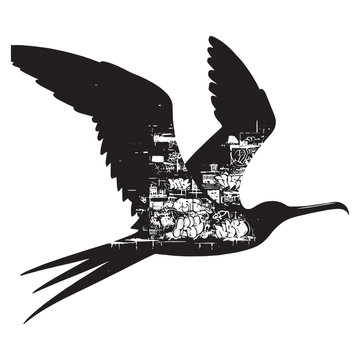 recommend clip art: silhouette of Frigatebird filled with graffiti street wall in rough drawing