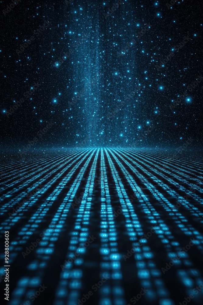 Poster abstract digital matrix, binary code lines on a blue background symbolizing data flow, technology, a