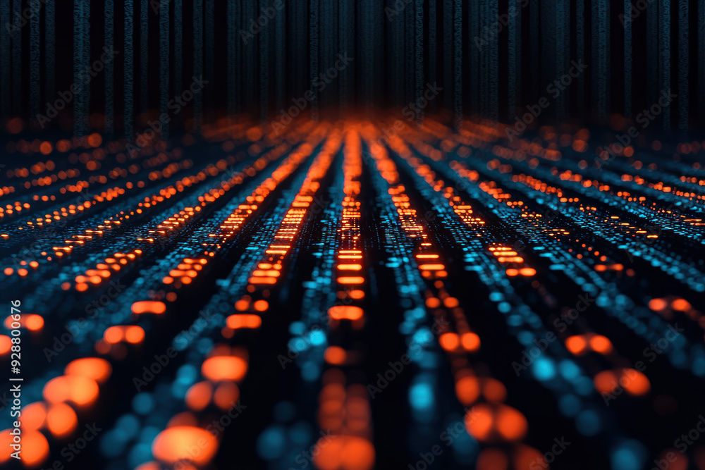 Poster futuristic digital background featuring rows of glowing red and blue lights representing data flow i