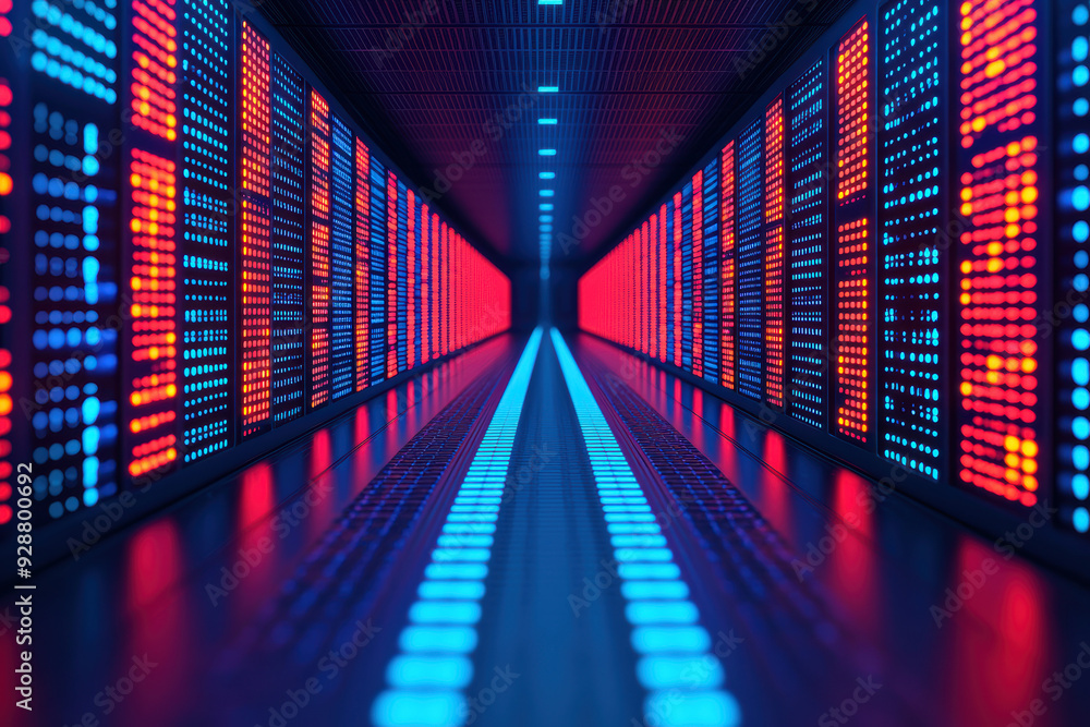 Poster a futuristic data center corridor illuminated with blue and red lights, showcasing advanced technolo