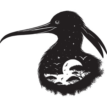 recommend clip art: silhouette of Frigatebird filled with nature night view in rough drawing