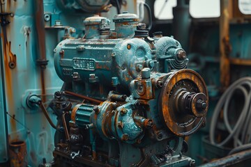 Fototapeta premium Vintage Marine Engine with Rust and Patina in an Abandoned Setting