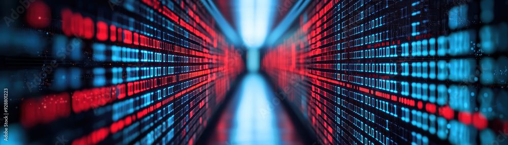 Poster futuristic data stream with glowing red and blue lights, representing digital information transfer a