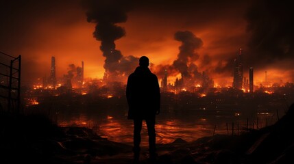 Fototapeta premium Silhouette of a lone man standing and looking at the destroyed burning city from a distance.