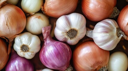Assorted Fresh Onions and Garlic Bulbs Close-Up