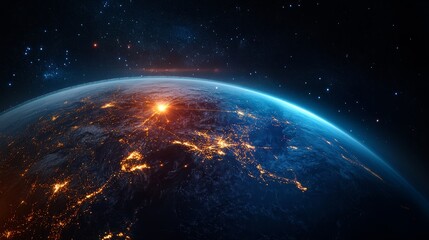 Earth view from space. Global network. Blockchain technology. Planet and communication. Future world 3D illustration. 