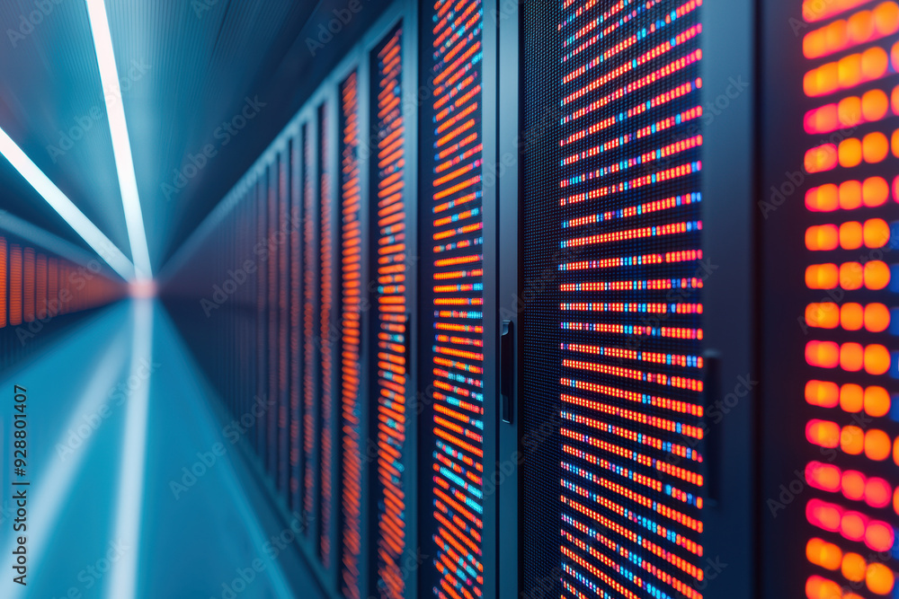 Poster high-tech data center with colorful led lights on servers, showcasing modern information technology 