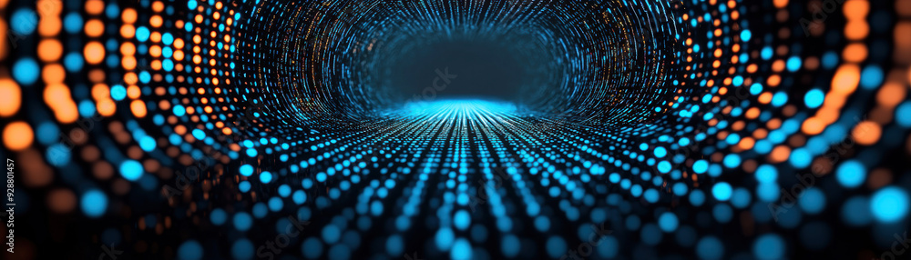 Poster futuristic digital tunnel with glowing blue and orange dots, creating a surreal and immersive techno