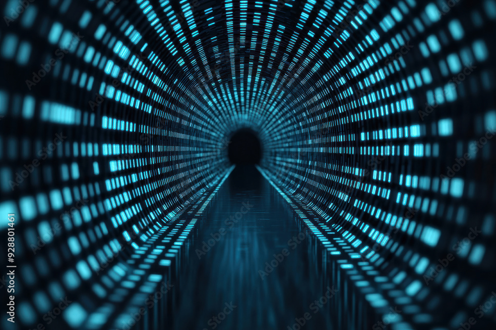 Poster futuristic tunnel with glowing blue lights, creating a sense of depth and motion. ideal for technolo