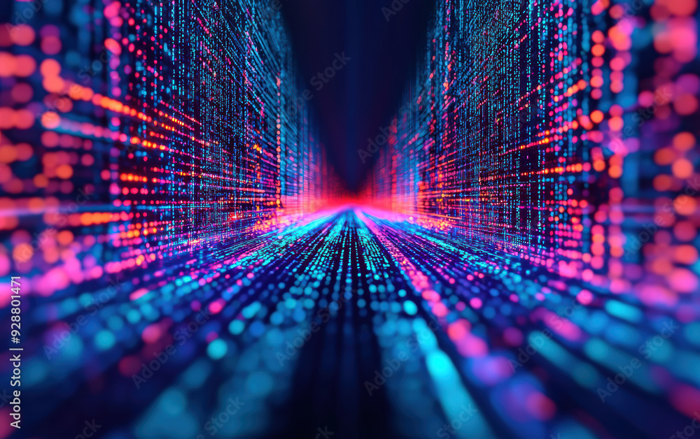 Poster abstract digital neon background with vibrant blue and red light trails creating a futuristic virtua