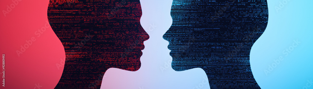 Poster digital silhouettes facing each other with binary code pattern, representing technology, data, and c