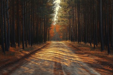 Road with shadows of tall pines creating a pattern, artistic and captivating.