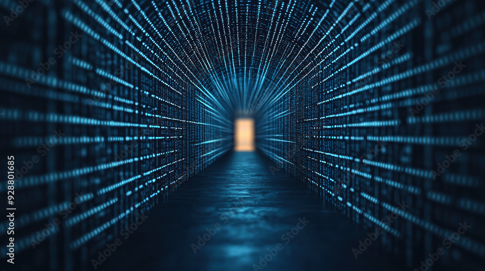 Aufkleber abstract image of a futuristic tunnel with blue digital lines converging towards a bright light, sym