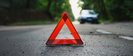 Red emergency triangle placed on a quiet road with a car in the background