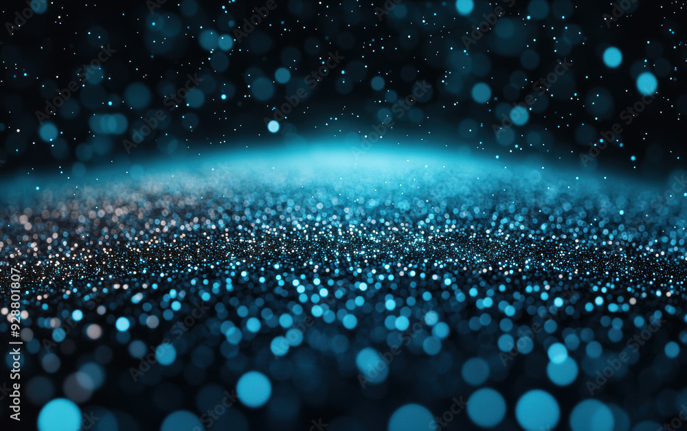 Poster a mesmerizing view of small, glowing, blue circles of light creating a starry effect in a dark abstr