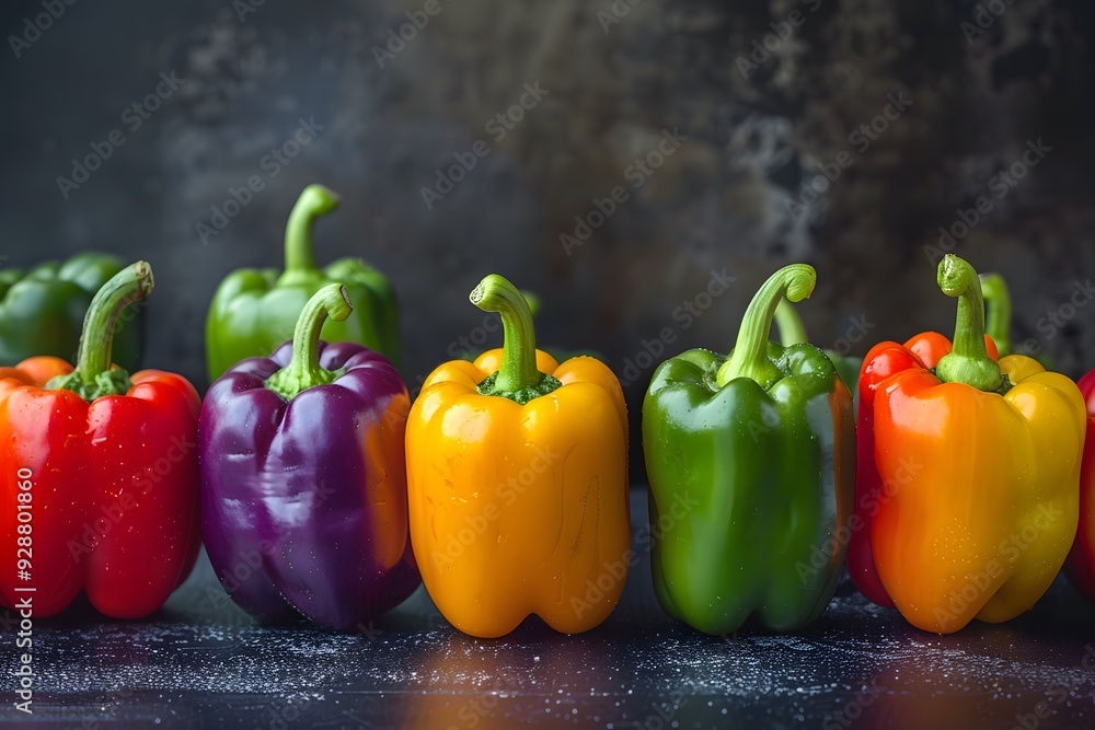 Poster vibrant array of colorful bell peppers on a dark background