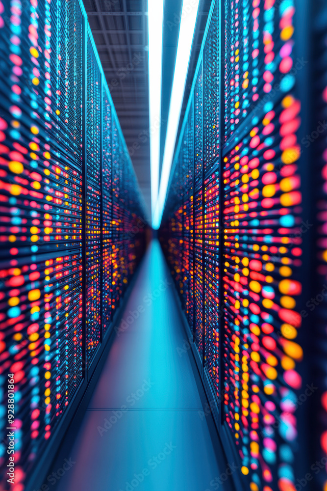 Aufkleber a futuristic data center with rows of glowing servers emitting colorful lights, showcasing advanced 
