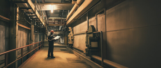 Laborer inspects hazardous substance data sheet in an industrial facility at night
