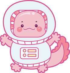 Illustration of cute axolotl activities icon.
Funny pink axolotl in daily routine stickers.